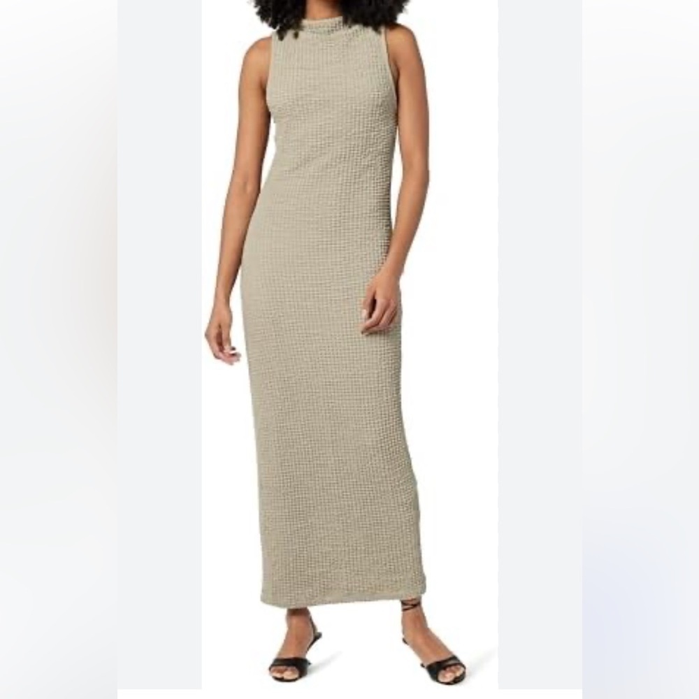 The Drop Lena High Neck Textured Dress Elegant Beige Maxi Dress Sz M Women